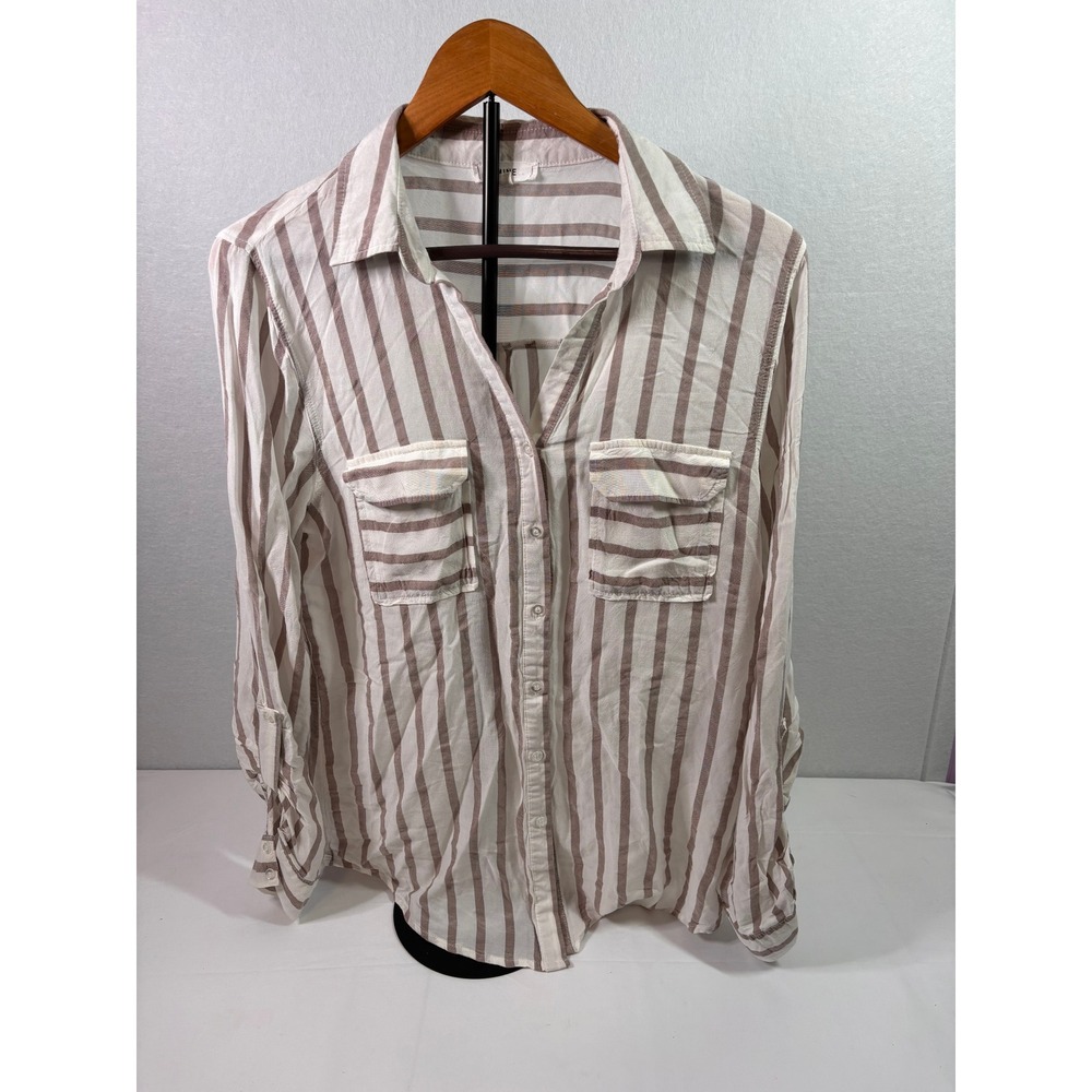 Mine Womens XL Tan White Striped Button Down Shirt Roll Tab Rayon TB3024